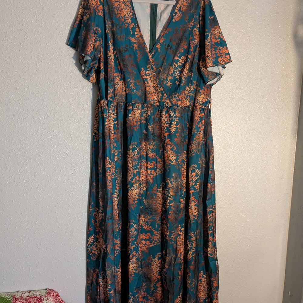 Green And Copper Dress With Tie Belt